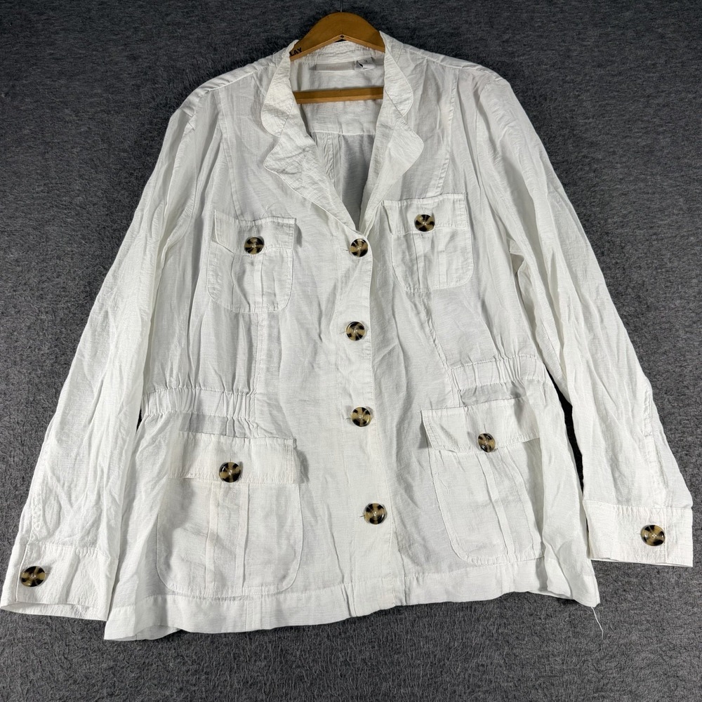 Chico's White Utility Jacket Size 3 Swing Jacket Pockets Semi sheer Beach Classy